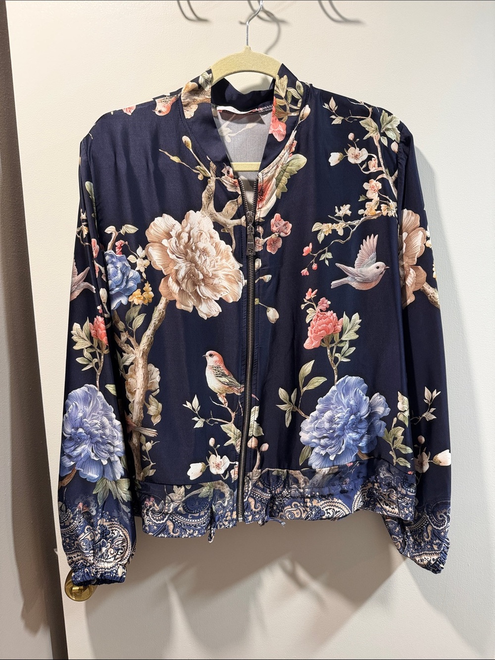 Navy Floral Bomber Jacket with Bird Motif
